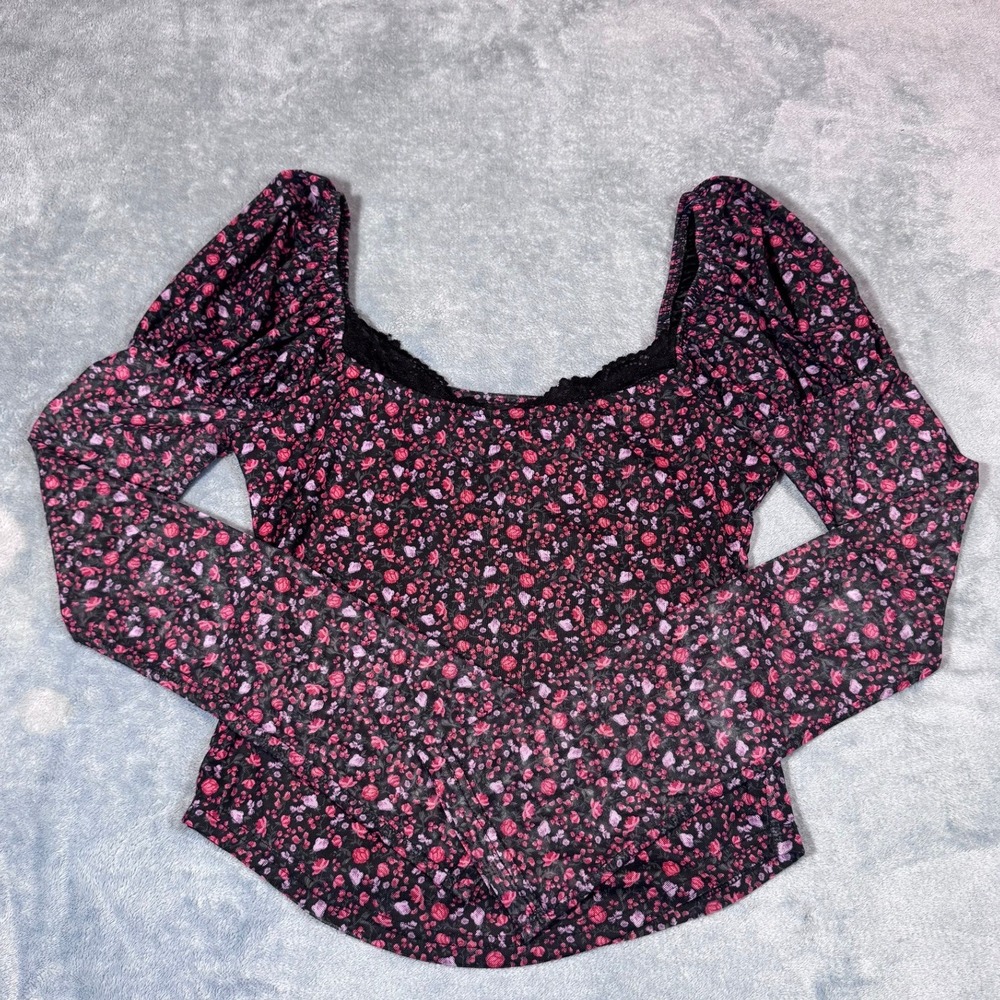 Maeve Anthropologie Floral Mesh Top S Black Pink Lace Sweetheart Puff Sleeve
